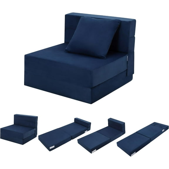 Convertible Folding Sofa Bed, Futon Sleeper Chair with Pillow, High-Density Memory Foam Sofa Bed, Foldable Mattress for Living Room/Dorm/Apartment, Single Size, Blue