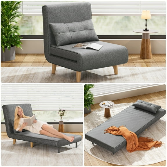 Convertible Folding Sofa Bed, Lofka Sleeper Couch with Pillow & 6-Position Adjustable Backrest for Living Room, Home Office, Dark Grey