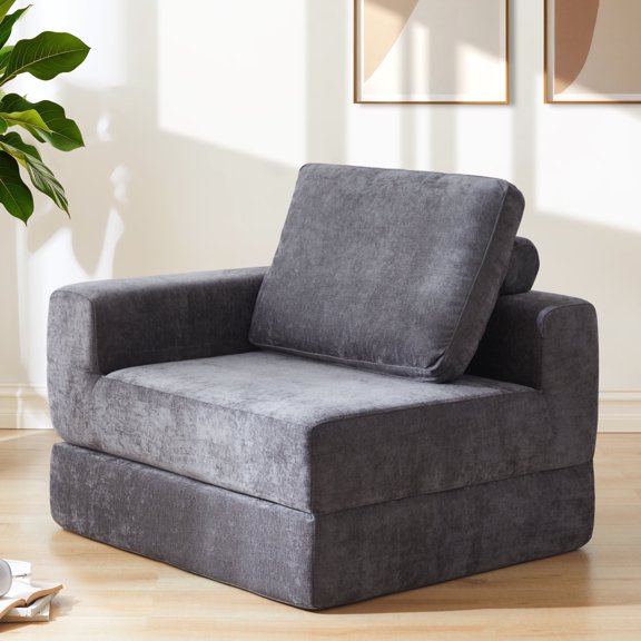 Jamdok 8" Thick Freestanding Folding Sofa Bed for Adults,Convertible L-Shaped Supportive Sleeper Chair with Right Armrest and Pillow, Living Room,Bedroom,Guest Use,Home Office,Apartment,Dark Grey