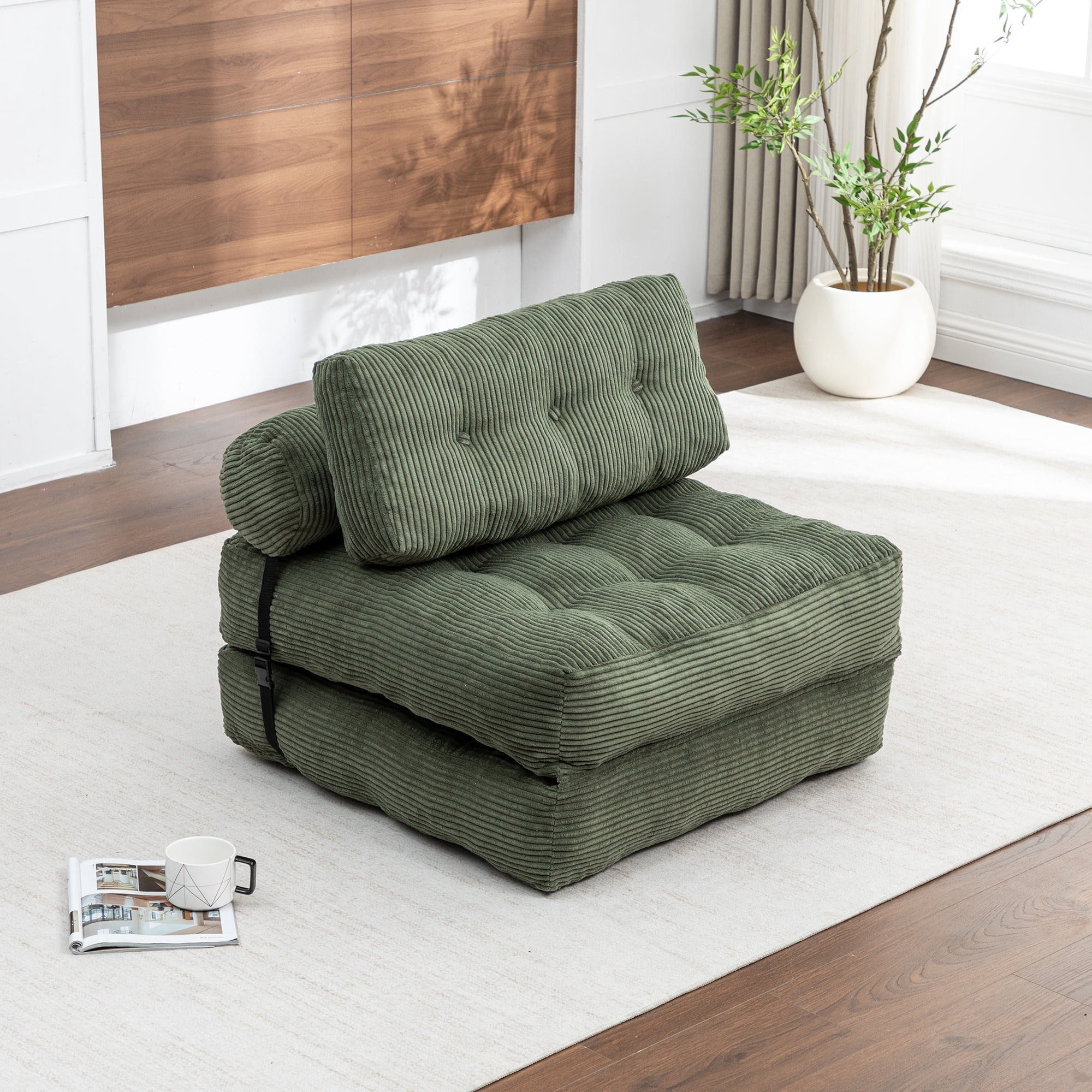 Convertible Folding Sofa Bed with Pillow and Lumbar Support, Foldable Sleeper Chair and Floor Mattress for Living Room and Guest Room, Green Corduroy