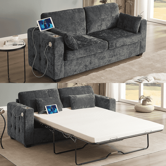 Onbrill Mid-Century Modern Chenille Sofa Bed with Full Size Memory Foam Mattress, USB Charging and Space-Saving Design, Gray