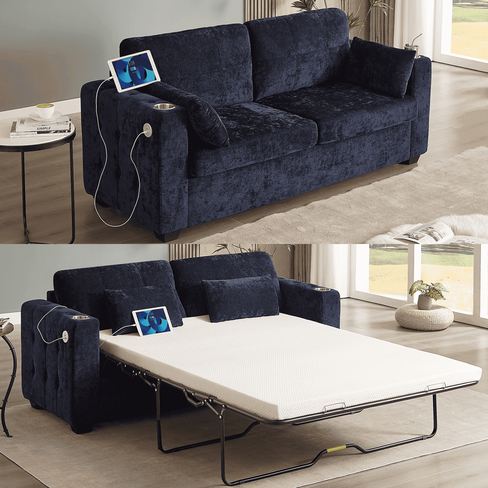 Onbrill Mid-Century Modern Chenille Sofa Bed with Full Size Memory Foam Mattress, USB Charging and Space-Saving Design, Blue