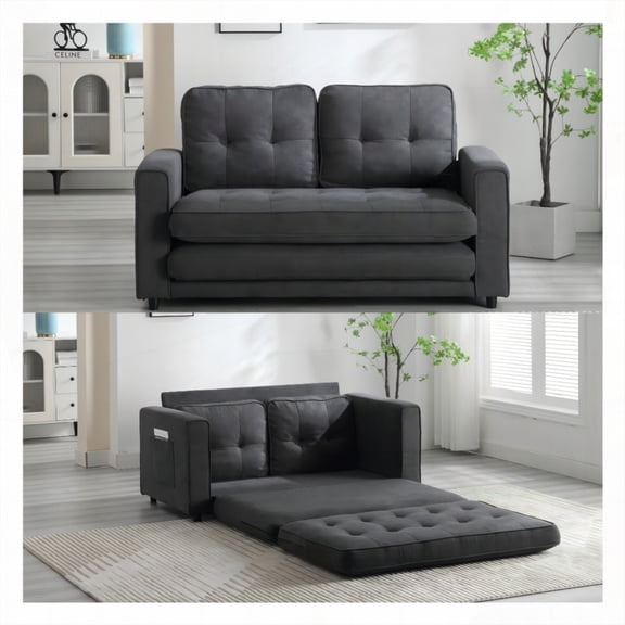 Convertible Futon Couch Sleeper - Dark Gray/Light Gray/Beige, Pull Out Bed for Living Room, Velvet Linen Fabric
