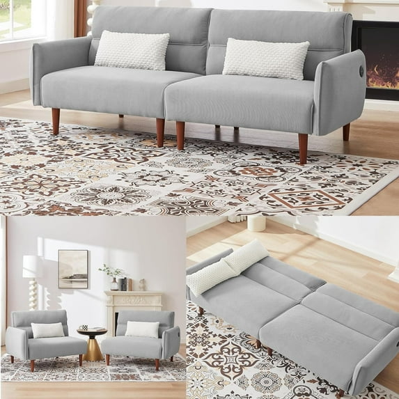 Convertible Futon Sofa Bed with 2 Pillows, Split Sleep Sofa with Adjustable Backrest, Corduroy Loveseat Sofa with USB Port and Wood Legs, 2 Piece Sofa Chair for Bedroom Living Room Studio, Grey