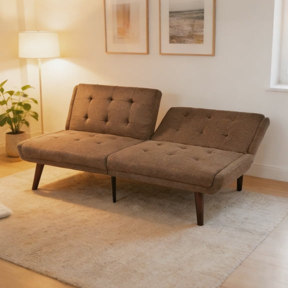 Convertible Futon Sofa Bed, 63" Sleeper Couch with 5-Position Adjustable Backrest, Small Space Loveseat for Living Room Guest Bed, Linen Upholstery, Modern, Brown