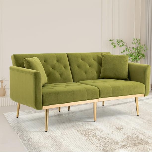 Convertible Futon Sofa Bed 65 Inch Modern Velvet Tufted Upholstered Accent Loveseat Sofa with 2 Pillows and Adjustable Backrest Folding Sleeper Sofa Bed with Metal Legs for Living Room Olive Walmart B...