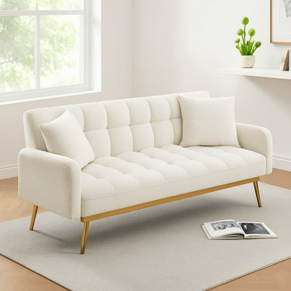 Convertible Futon Sofa Bed,69 Inch Modern Teddy Loveseat Sofa Couch with Adjustable Backrest for Small Space,Living Room,Beige