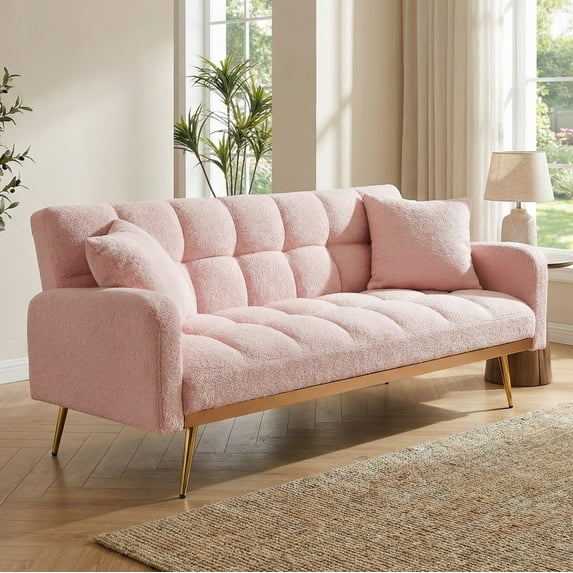 Convertible Futon Sofa Bed,69 Inch Modern Teddy Loveseat Sofa Couch with Adjustable Backrest for Small Space,Living Room,Pink