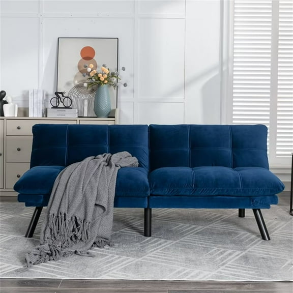 Convertible Futon Sofa Bed, 70.8 Inches Velvet Fabric Upholstered Accent Sofa Loveseat with Adjustable Back and Metal Legs, Folding Sofa Bed Sleeper Couch Daybed for Living Room Bedroom, Navy Blue
