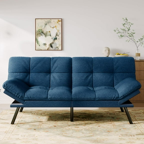 Convertible Futon Sofa Bed, 71" Memory Foam Futon Couch with Detachable,Adjustable Backrest,Linen Fabric Folding Small Loveseat Sleeper for for Living Room,RV,Office,Apartment,Pure Blue