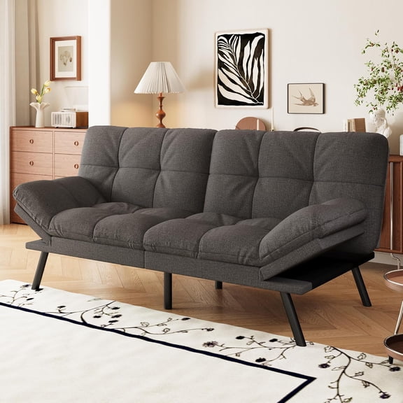 Convertible Futon Sofa Bed,71" Memory Foam Futon Couch,Detachable Cushion,Adjustable Backrest & Armrest,Linen Modern Loveseat Sleeper Recliner for Living Room,Office,Apartment,Retro Grey