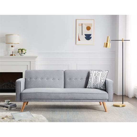 Convertible Futon Sofa Bed with Pillow, Modern Tufted Linen Upholstered Sleeper Sofa Couch with Adjustable Backrest & Wood Tapered Legs, Folding Loveseat Reclining Sofa, Accent Sofa for Office, Gray