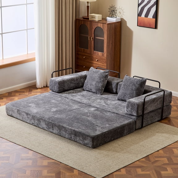 Convertible Futon Sofa Bed, 78.5" Chenille Floor Couch, 3-Seater Fold-Out Sofa Couch with 2 Throw Pillows for Living Room Bedroom Guest Room, Dark Grey