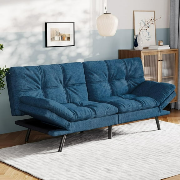 Convertible Futon Sofa Bed, Blue Linen Futon Couch with Adjustable Backrest & Armrests, Folding Small Recliner Sleeper Sofa Bed for Living Room, Apartment, Office