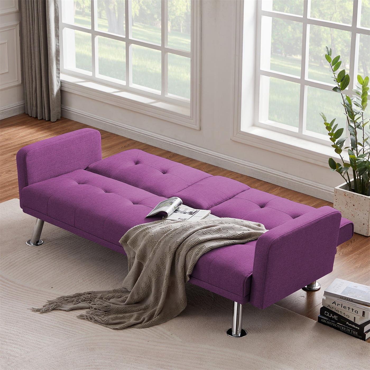 Convertible Futon Sofa Bed Couch Folding Sofa Bed with Armrest Sleeper Sofa Couch with Solid Wood Frame and Metal Legs for Living Room Bedroom Guest
