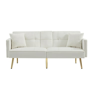 Convertible Futon Sofa Bed with Cup Holder, Velvet Upholstered Sofa with Adjustable Backrest and Metal Legs, Modern Loveseat Lounge Sofa with Armrest and Side Pocket for Living Room Office, White