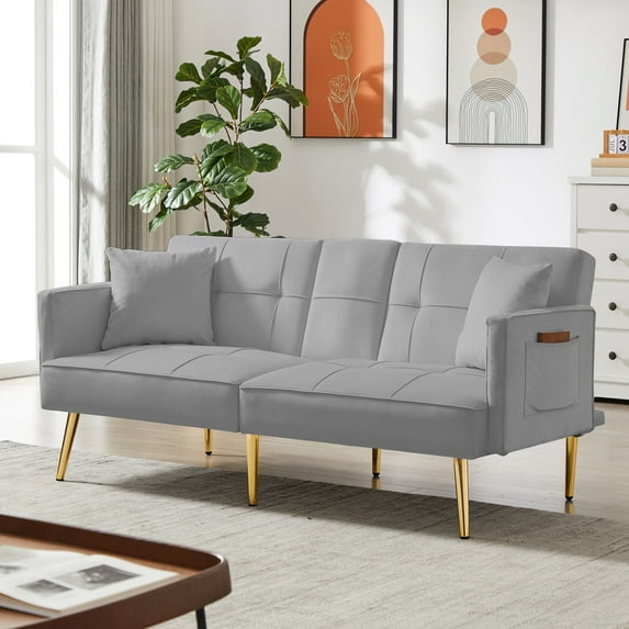 Convertible Futon Sofa Bed with Cup Holder, Velvet Upholstered Sofa with Adjustable Backrest and Metal Legs, Modern Loveseat Sofa with Side Pocket & 2 Pillows for Living Room Office, Grey