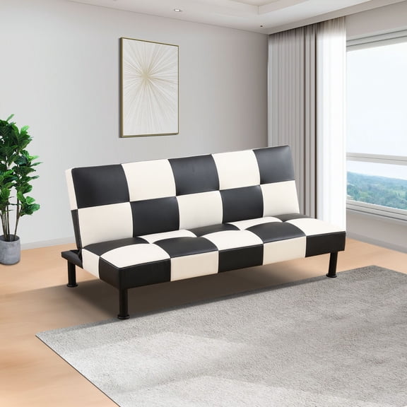 Convertible Futon Sofa Bed Leather Loveseat Adjustable Sleeper Sofa Couch for Living Room Small Apartment,Black and White
