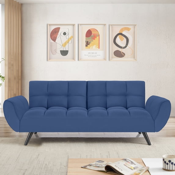 Convertible Futon Sofa Bed, Linen Sleeper Couch, 75" W Modern 3 Seater Tufted Sofa with Solid Wood Legs and Adjustable Backrests for Small Spaces, Living Room, Bedroom