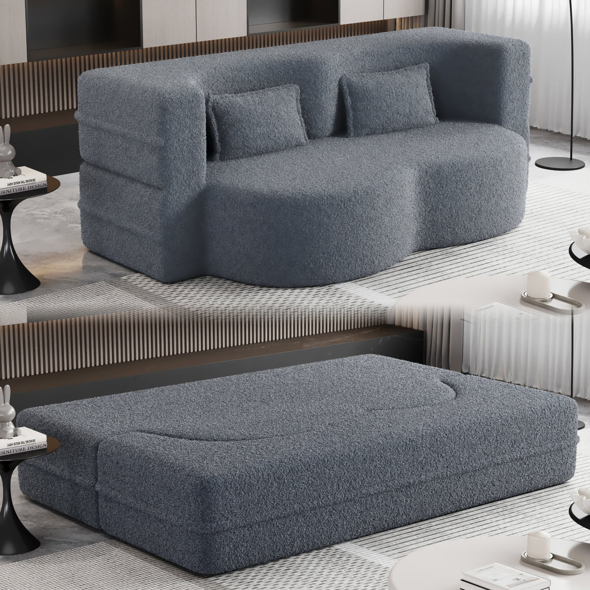 Convertible Futon Sofa Bed,Modern Floor Sofa with 2 Pillows,Teddy Fabric Foam-Filled Sleeper Sofa Bed,15" Full Size Folding Mattress for Living Room,Guest Bed,Playroom,Gray