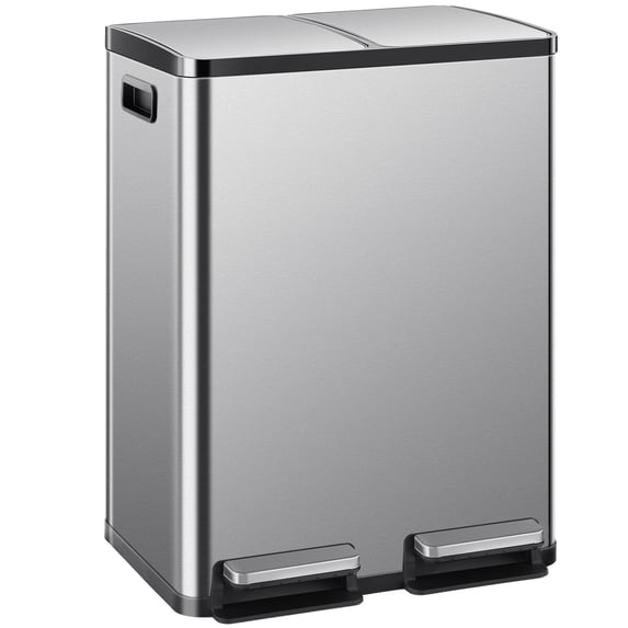 Simenmax 60L Dual Compartment Trash Can with Lid, Stainless Steel Sealed Garbage Bin, Soft-Close Pedal Operation for Kitchen, Office, Home