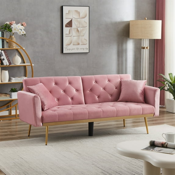 Convertible Futon Sofa Bed,Modern Velvet Sleeper Sofa Small Loveseat with Two Pillows,3 Adjustable Positions for Living Room and Bedroom,Pink