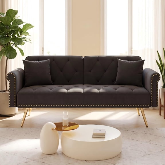 Convertible Futon Sofa Bed,Modern Velvet Upholstered Loveseat Sofa Nailhead Sleeper Couch Bed with Two Pillows for Living Room,Bedroom,Black03