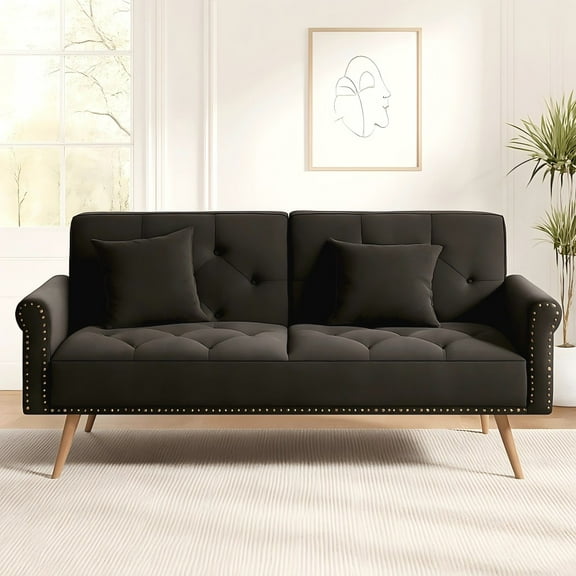 Convertible Futon Sofa Bed,Modern Velvet Upholstered Loveseat Sofa Nailhead Sleeper Couch Bed with Two Pillows for Living Room,Bedroom,Black02
