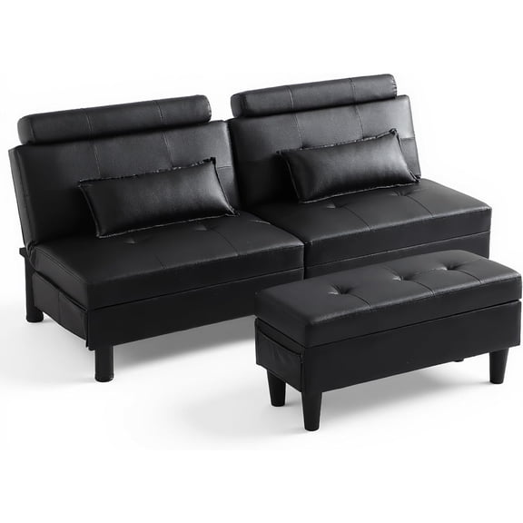 Convertible Futon Sofa Bed Set with Storage Ottoman, Adjustable Recliner Sleeper Sofa Bed with Side Pocket, Comfy Futon Couch with Table for Living Room, Dorm, Office (Faux Leather, Black)