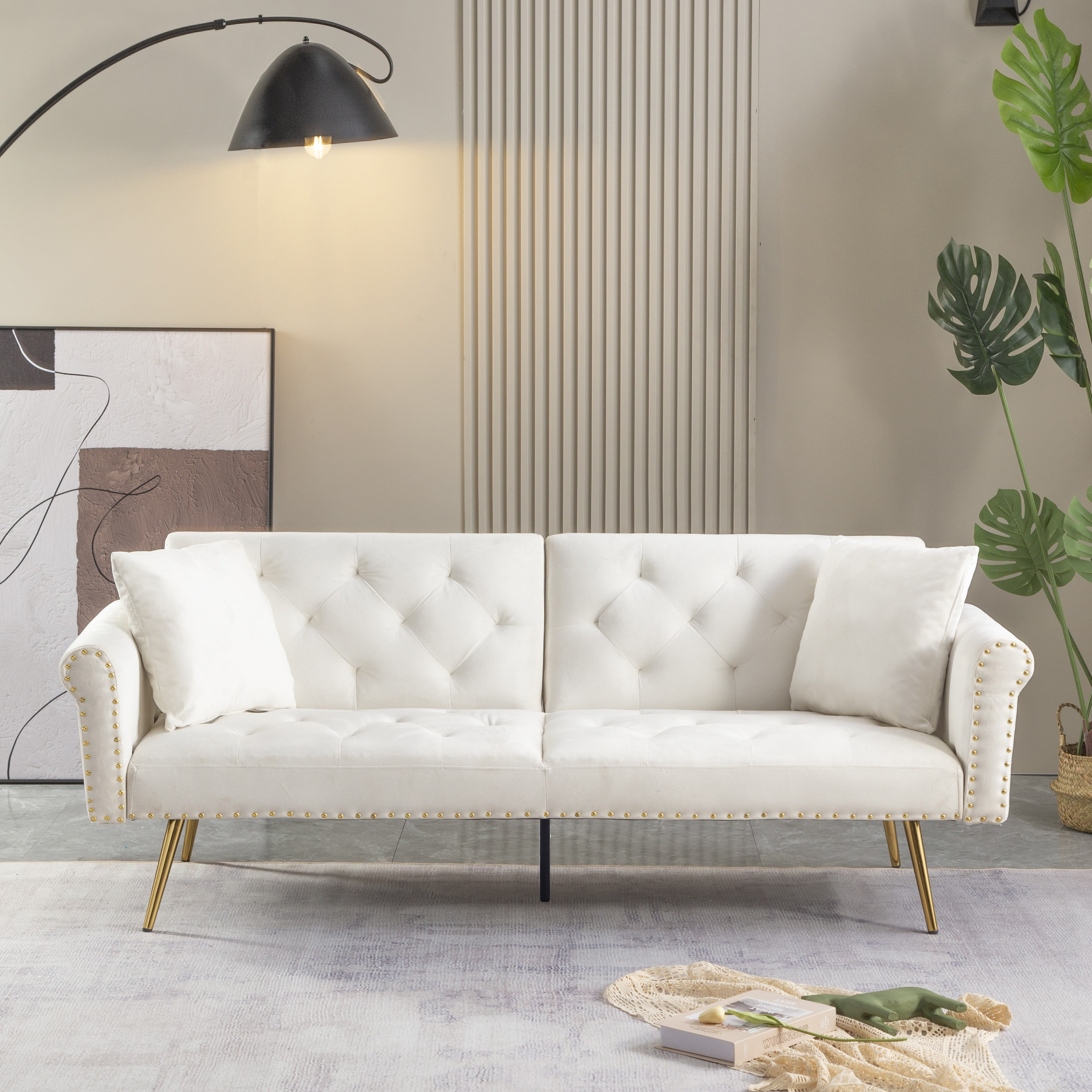 Convertible Futon Sofa Bed,Velvet Upholstered Nailhead Loveseat Sofa with Two Pillows,Modern Sleeper Couch Bed for Living Room,Bedroom,Beige