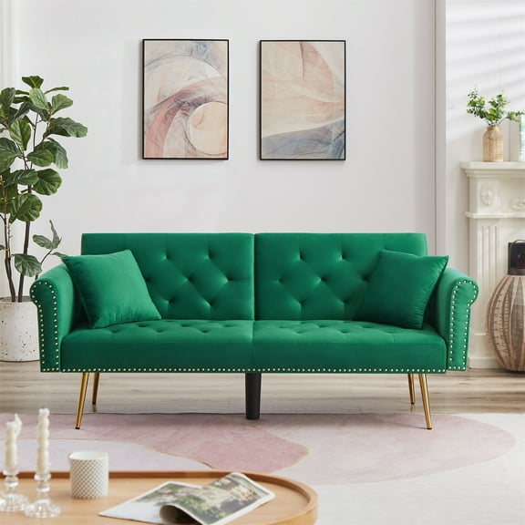 Convertible Futon Sofa Bed,Velvet Upholstered Nailhead Loveseat Sofa with Two Pillows,Modern Sleeper Couch Bed for Living Room,Bedroom,Green