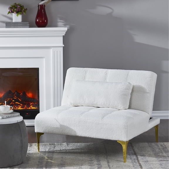 Convertible Futon With White Qualities And Gold Metal Legs Bed Fabric Ornamented