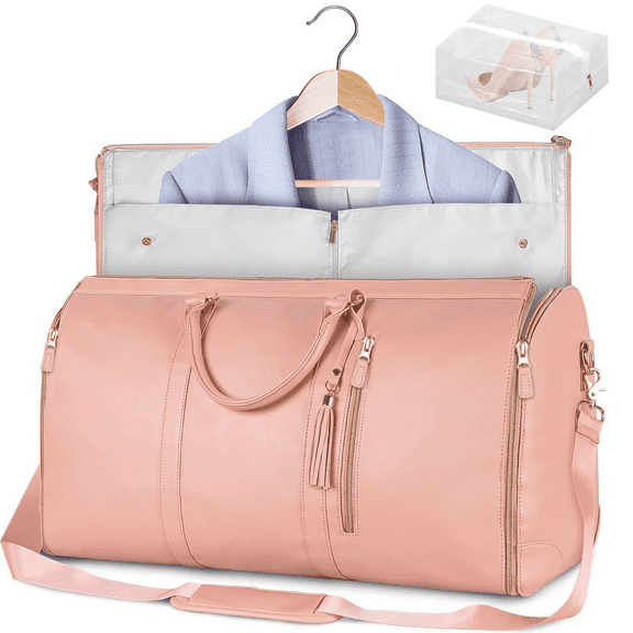 Convertible Garment Bag for Travel - Carry On Garment Bags With Shoes Bag, Foldable Large Weekender Bag for Men Women 2 in 1 Hanging Suitcase Suit Duffel Overnight Bags 2pcs Set, Pink
