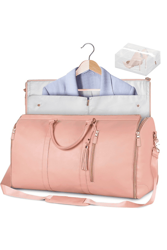 Convertible Garment Bag for Travel - Carry On Garment Bags With Shoes Bag, Foldable Large Weekender Bag for Men Women 2 in 1 Hanging Suitcase Suit Duffel Overnight Bags 2pcs Set, Pink