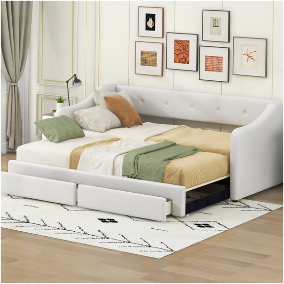 Convertible King Size Upholstered Daybed with Dual Storage Drawers, Beige