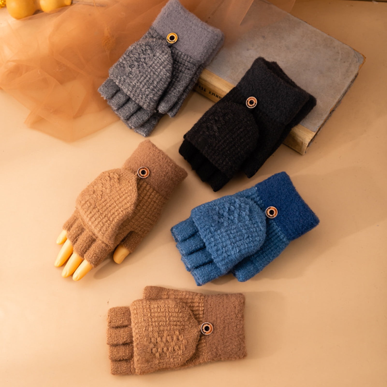 Convertible Knitted Fingerless Gloves Kids Warm Winter Knit Glove with