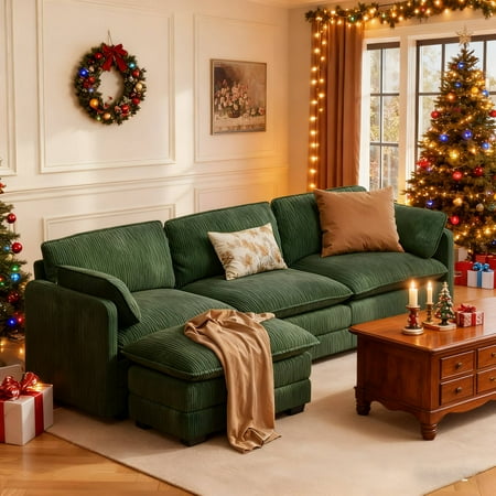 Lofka Sectional Sofa Bed, 110" Convertible L Shaped Couches for Living Room with Soft Corduroy Fabric, Green