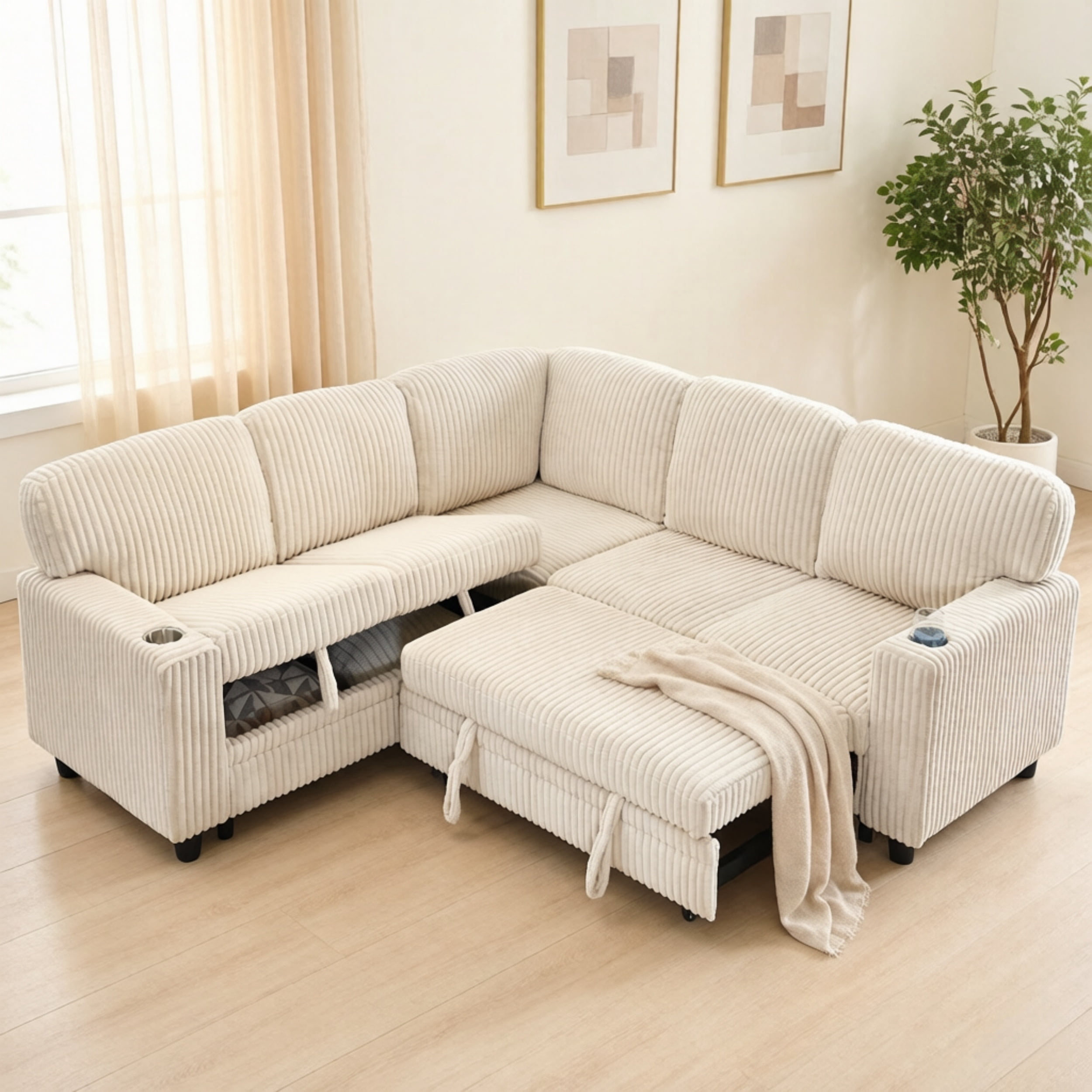 Convertible L-Shaped Sectional Sofa Set w/ Pull-Out & Storage Seat, 5-Seat Corduroy Sleeper Bed Couch w/ Charging & Cup Holder Design