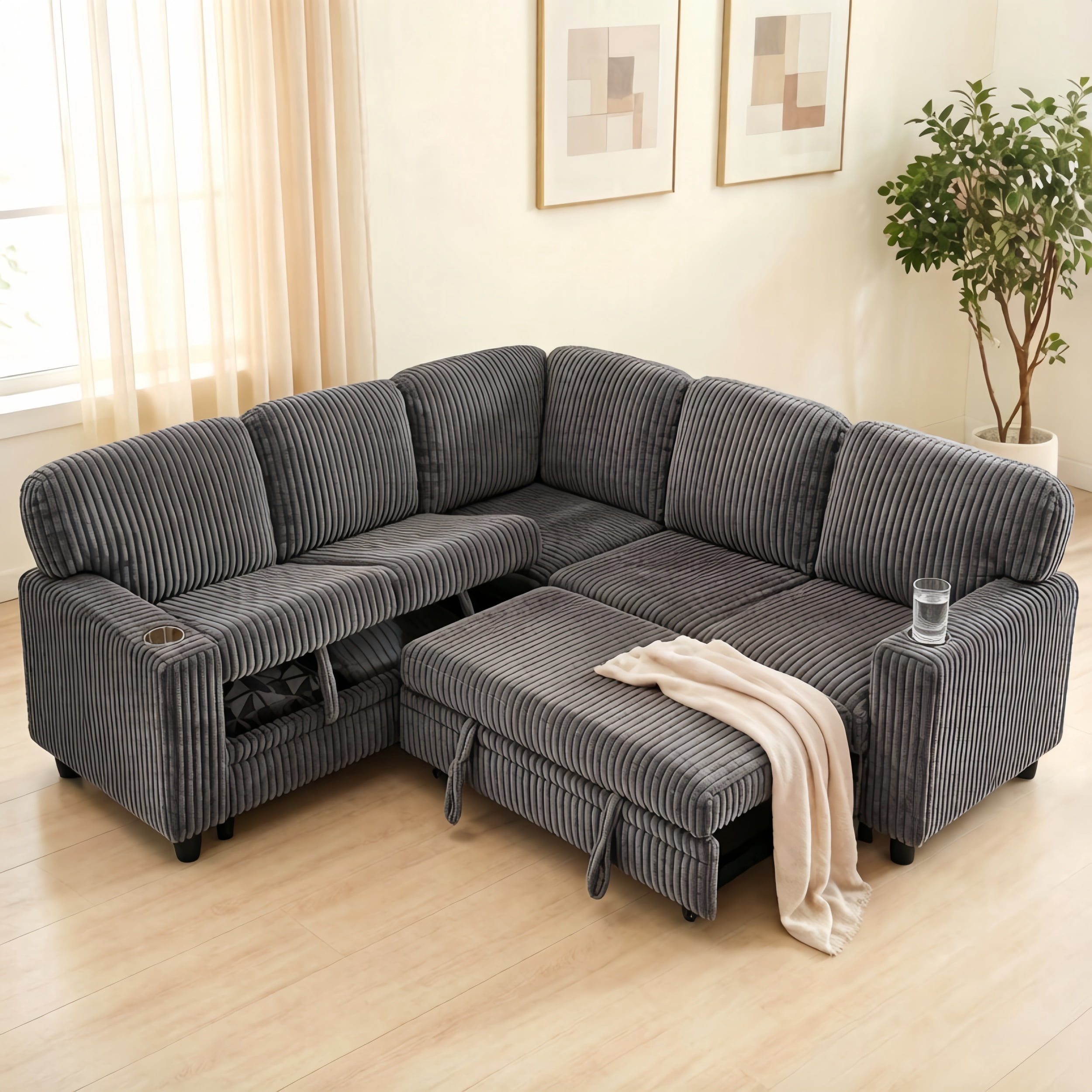 Convertible L-Shaped Sectional Sofa Set w/ Pull-Out & Storage Seat, 5-Seat Corduroy Sleeper Bed Couch w/ Charging & Cup Holder Design