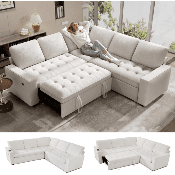 Convertible L-Shaped Sleeper Sofa Bed for Living Room with Pullout Bed, Adjustable Backrest, USB Port and Storage Seat