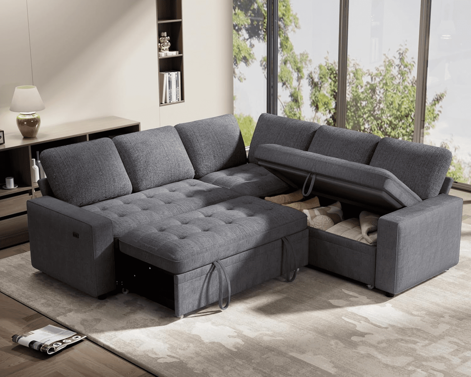 Convertible L-Shaped Sleeper Sofa Bed for Living Room with Pullout Bed, Adjustable Backrest, USB Port and Storage Seat