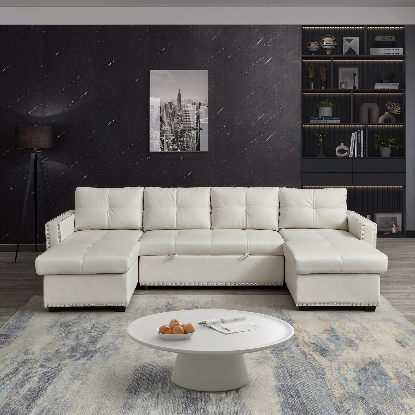 Convertible LShaped Sofa with Storage Recliner and PullOut Bed