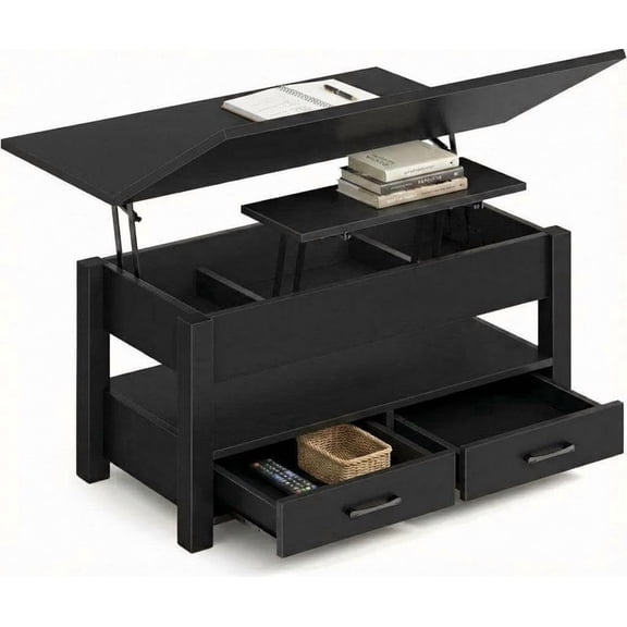 Convertible Lift Top Coffee Table – 40'' Center Table with 180° Swivel Split Top, Drawers & Hidden Storage – Modern Industrial Multifunction Table for Living Room