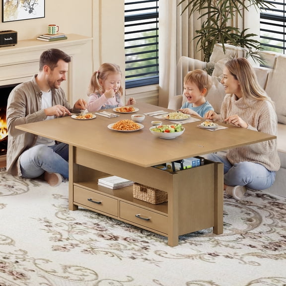 Convertible Lift Top Coffee Table – 40'' Multifunctional Center Table with Drawers & Hidden Storage – Modern Space-Saving Table Transforms to Dining Table, for Living Room – Wood Color (variant)