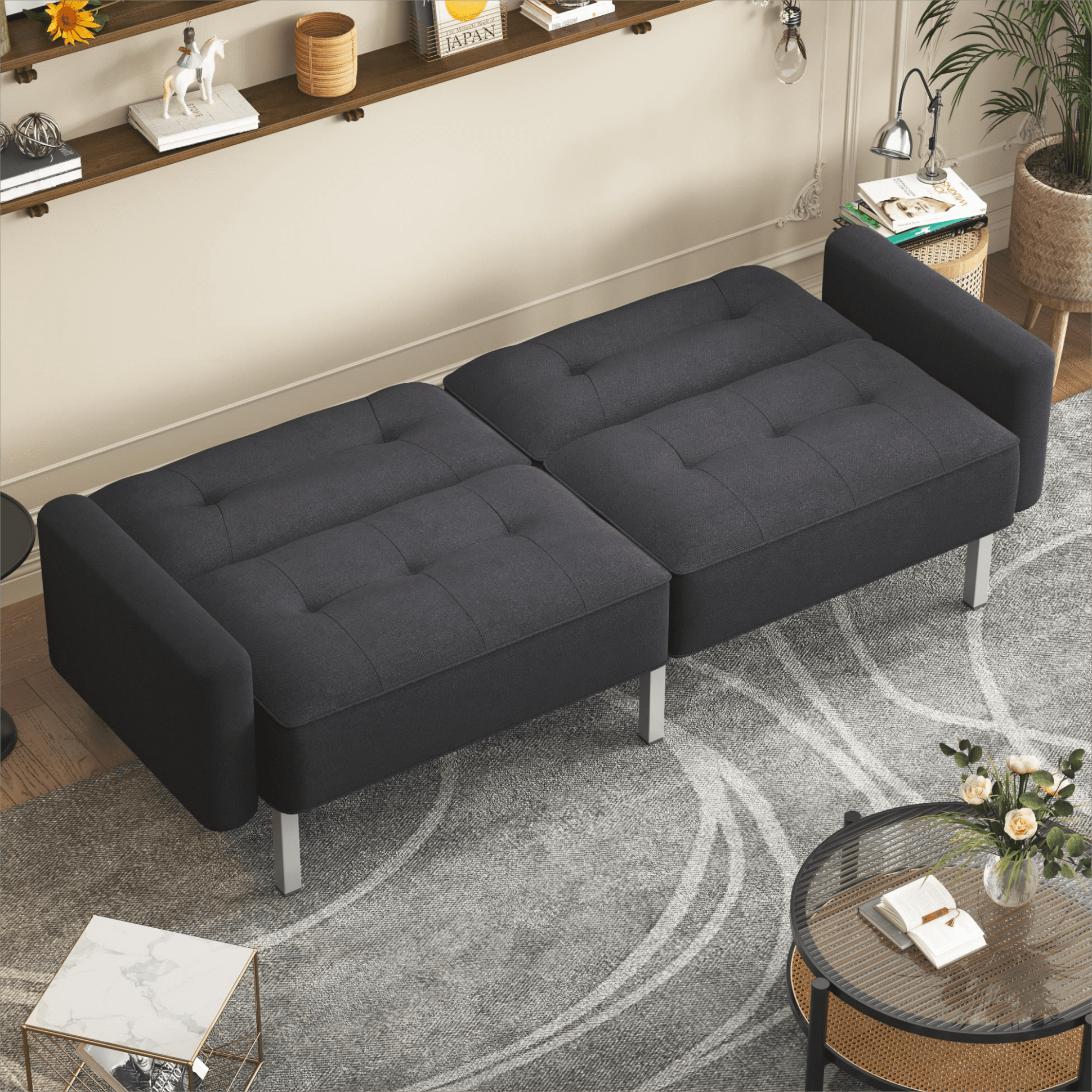 Convertible Linen Sofa Bed Futon with Metal Legs, Folding Sofa Bed