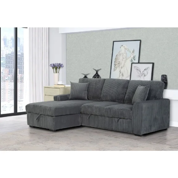 Convertible Living Room Sectional Sofa Bed with Storage Chaise, Corduroy Upholstered Left Facing Sofa, Gray