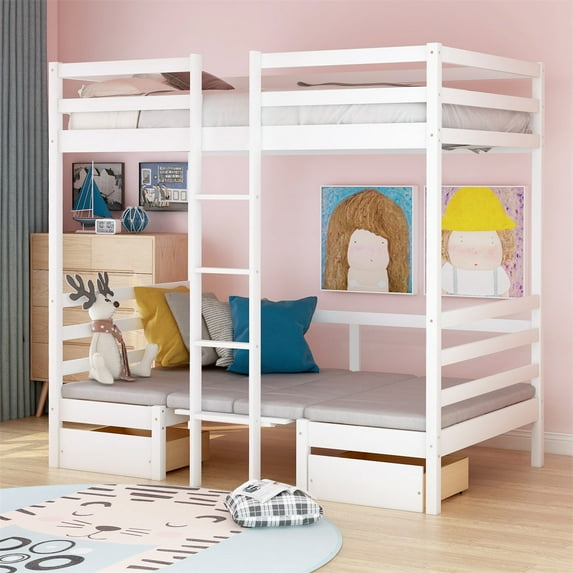 Convertible Loft Bed with Desk and Two Storage Drawers, Multi-functional Twin Size Loft Bed Frames, Twin Over Twin Bunk Bed, Wooden Bed Frame for Bedroom Guest Room Furniture, White