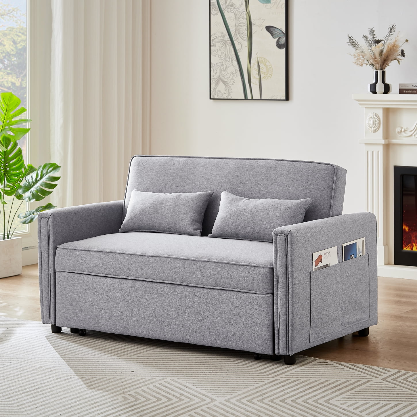 Convertible Loveseat Sleeper Sofa for Small Spaces, Modern Linen 2 Seater Couch with Adjustable