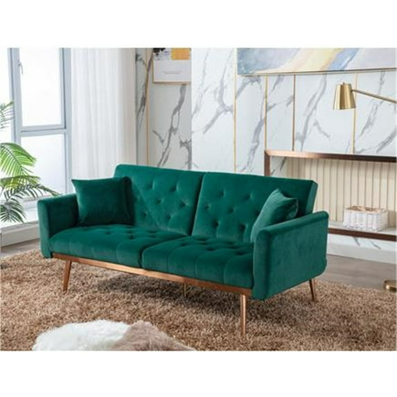 Convertible Loveseat Sofa, Modern Velvet Upholstered Leisure Accent Sofa Couch with Adjustable Backrest and Metal Feet, Folding Futon Sofa Sleeper Bed for Living Room Bedroom Office, Olive 2