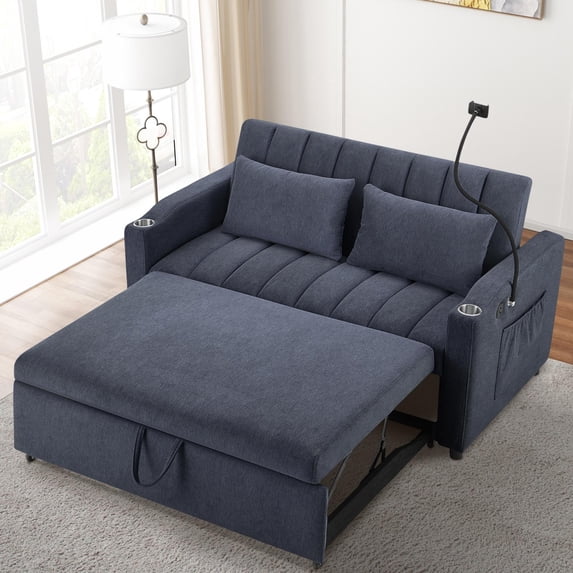 Convertible Loveseat Sleeper Sofa with Pull Out Sofa Bed, Atumon Adjustable Sofa Bed Sleeper with USB Ports and Side Pocket, Dark Gray